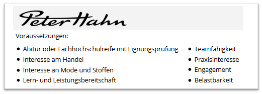 Voraussetzungen für ein duales Studium Textilmanagement bei Peter Hahn