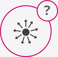 Icon mit einem kleinen, grauen Kreis, von dem Pfeile wie Sonnenstahlen abgehen, und einem Fragezeichen