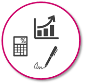 Icon Bereich Management Icon mit Taschenrechner, Diagramm und Stift