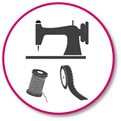 Icon mit Nähmaschine, Garnrolle und Maßband
