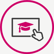 Mode Fernstudium Icon zeigt einen Doktorhut und einen Mauszeiger in Handform