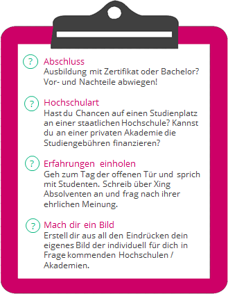 Klemmbrett mit Checkliste zum Modestudium