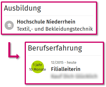 SFSA Bereiche Mode Studium Job2 Ausschnitte eines XING-Profils: Studium Textil- und Bekleidungstechnik und anschließender Beruf als Filialleiterin