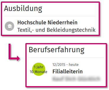 Ausschnitte eines XING-Profils: Studium Textil- und Bekleidungstechnik und anschließender Beruf als Filialleiterin