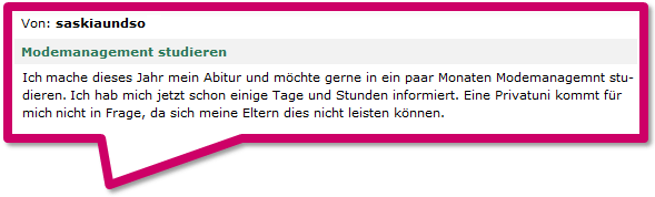 Frage auf einem Frage-Antwort-Portal zu den Kosten eines Modemanagement Studiums