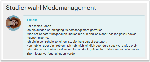 Frage auf einem Frage-Antwort-Portal zum Modemanagement Studium an Privatschulen