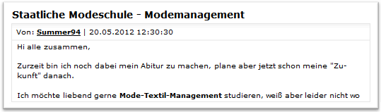 SFSA Modemanagement privat Forum2 Frage in einem Internetforum zu Modeschulen, an denen man Mode-Textil-Management studieren kann