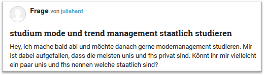 Frage auf einem Frage-Antwort-Portal zum Modemanagement Studium an einer staatlichen Hochschule